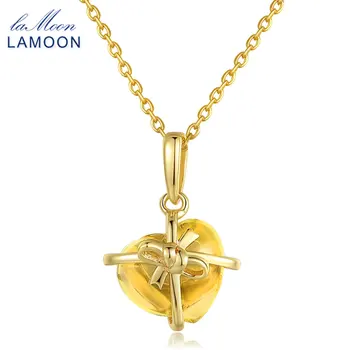 

LAMOON Romantic Heart Necklaces & Pendants Natural Citrine 925 Sterling Silver Fine Jewelry 14K Yellow Gold Colar Women LMNI017