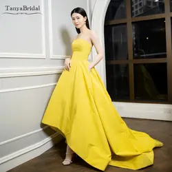 Яркие желтые вечерние платья Высокая длинная простой сатин женское выпускное платье без бретелек церемония Ночная одежда DE032