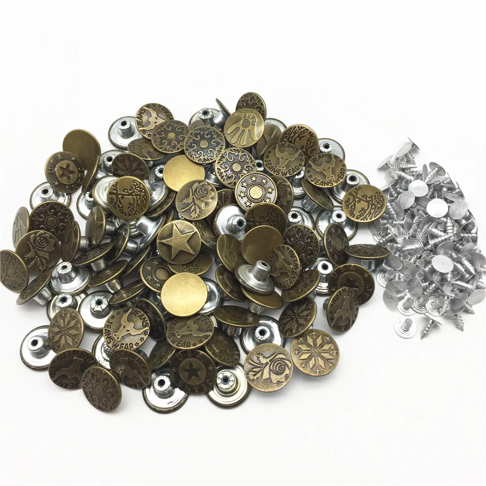 100sets/lot 17mm Metal Antique Brass Round Jeans Buttons Mixed Designes