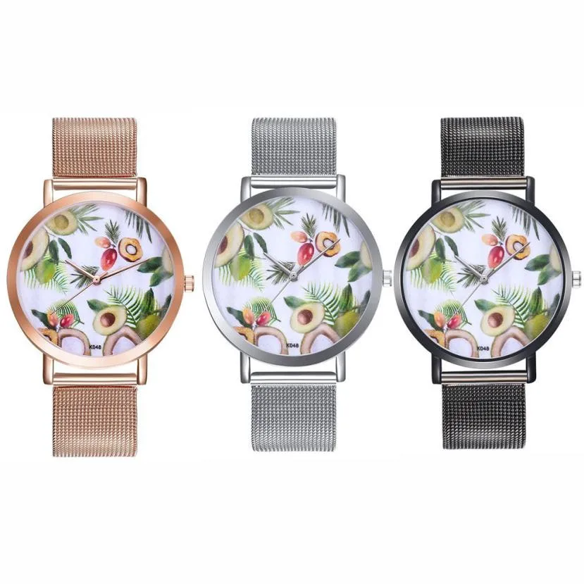 

Woman Fashion Avocado Pattern Alloy Steel Strap Analog Quartz Round Watch 2018 New style Quartz Wristwatches Drop Shipping