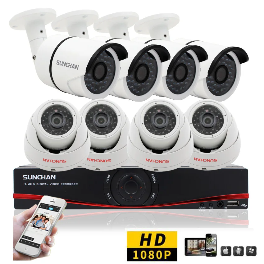 SunChan 8CH CCTV System 1080P AHD-H 8CH CCTV DVR 8PCS 2.0MP CCD Security Camera 1920*1080 CCTV Camera Surveillance System