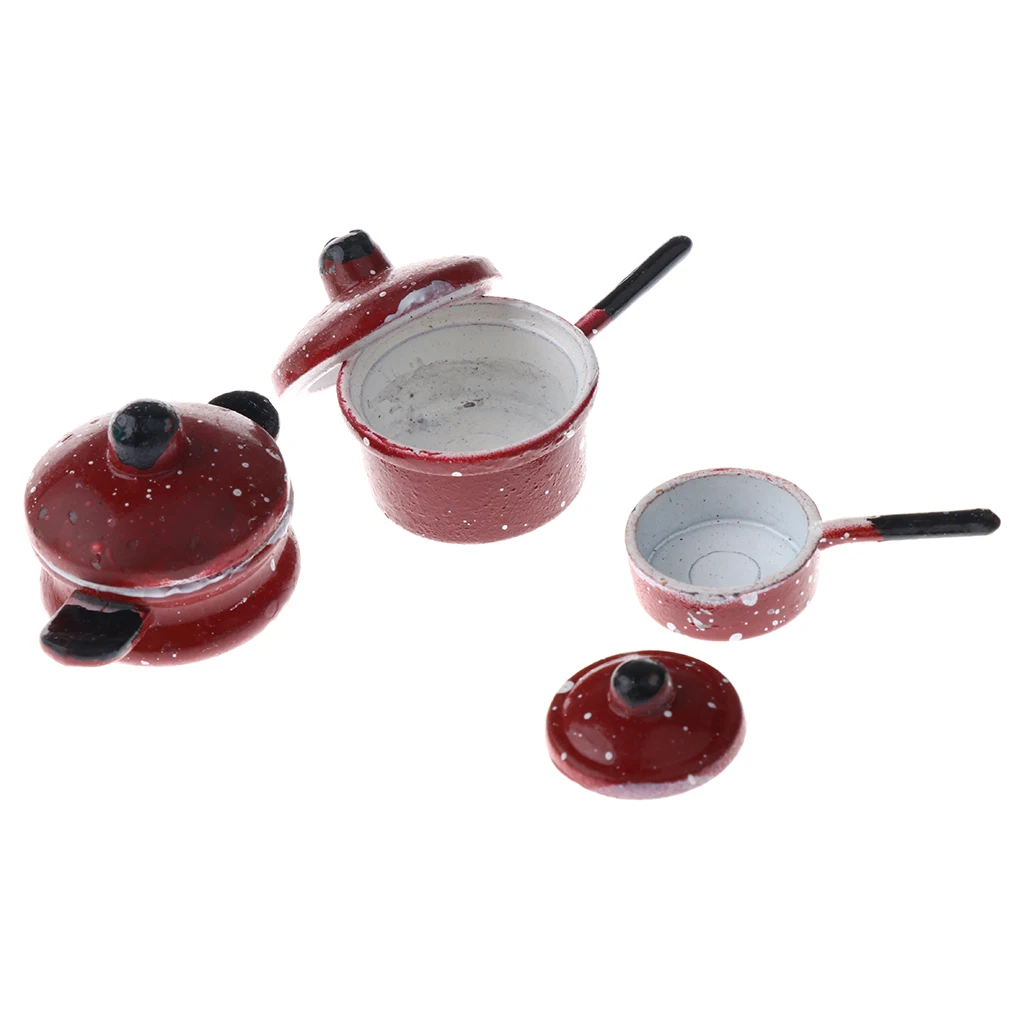 1/12 Scale 3 Pieces Metal Spotted Red Pan Cookware Set Dolls House Miniature Home Kitchen DIY Rooms Accessories Decoration