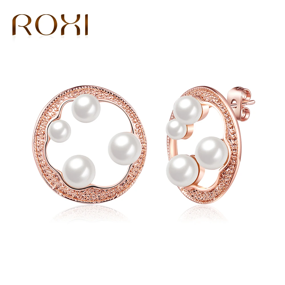 

ROXI Hot Fashion Rose Gold Geometric Round Hollow Earrings Brincos oorbellen Simulated Pearl Stud Earrings For Women Jewelry