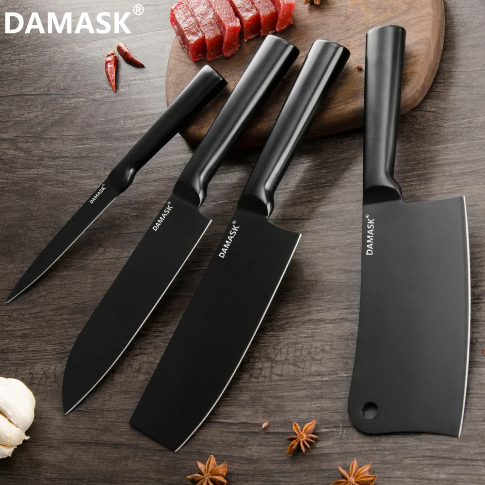 Дамасский черный Кливер из нержавеющей стали набор ножей шеф-повара 4Cr14mov кухонный нож Santoku разделочный нож Nakiri инструменты для приготовления пищи