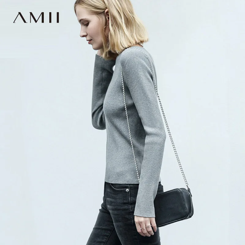 Amii минималистичный женский осенний свитер, дизайн, шикарный с бисером, тонкий женский пуловер с круглым вырезом, свитера