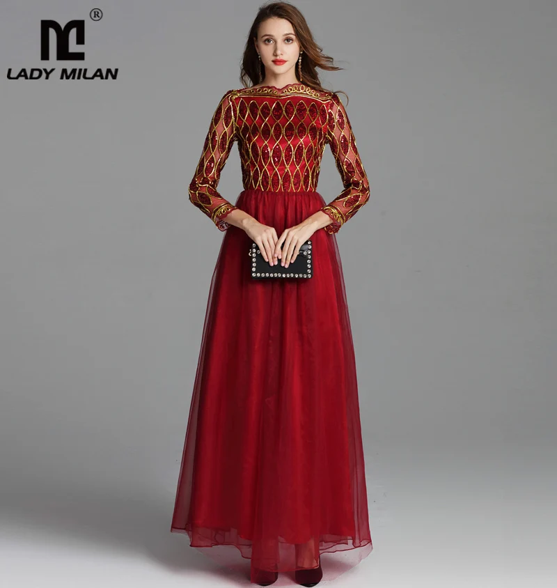 

Women's Elegant Runway Dresses Autumn Slash Neckline Embroidery Party Prom Long Sleeves Sequined Fashion Designer Maxi Dresses