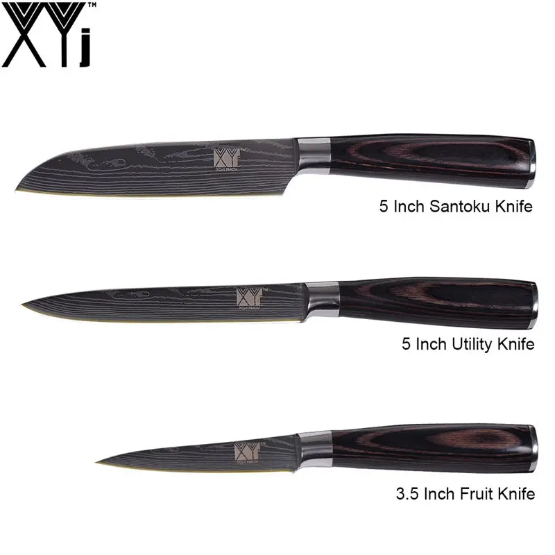 XYj кухонный нож 7cr17 кухонные ножи из нержавеющей стали аксессуары 8 дюймов 7 дюймов 5 дюймов 3,5 дюймов Дамасские вены кухонные ножи - Цвет: F.(3 Pcs Set)