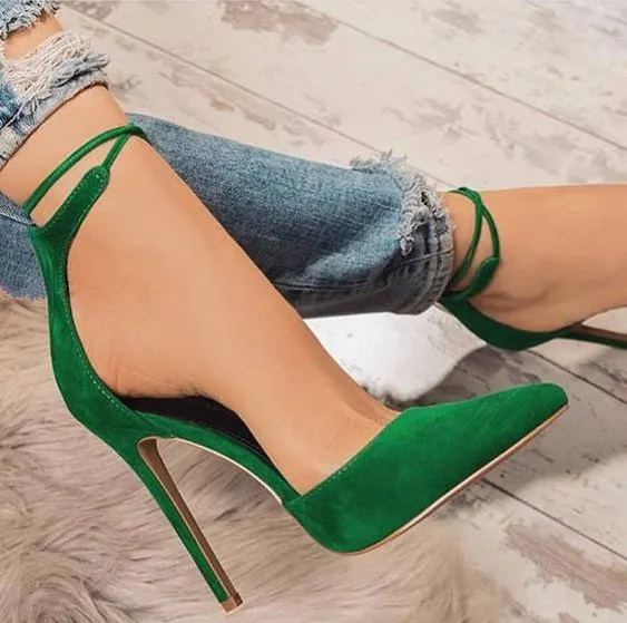 

Sestito Hot Sale 2018 Ladies Elegant Green Suede Pointed Toe Ankle Strap Pumps Woman Lace-up Cover High Heels Dress Party Shoes