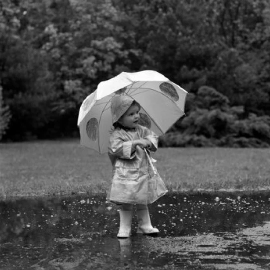 Small girl walking in rain with umbrella Poster Print (18 x 24)