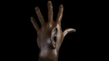 

Art Deco Sculpture Man's Hand One Ear Abstract Bronze Statue Signed