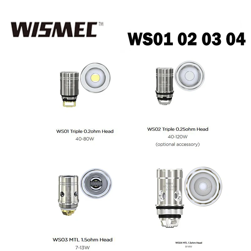 

5pcs Wismec WS01 Triple 0.2ohm/WS02 0.25ohm for Sinuous FJ200 P80 Predator 228 /WS03 1.5ohm AMOR NS Tank /WS04 1.3ohm