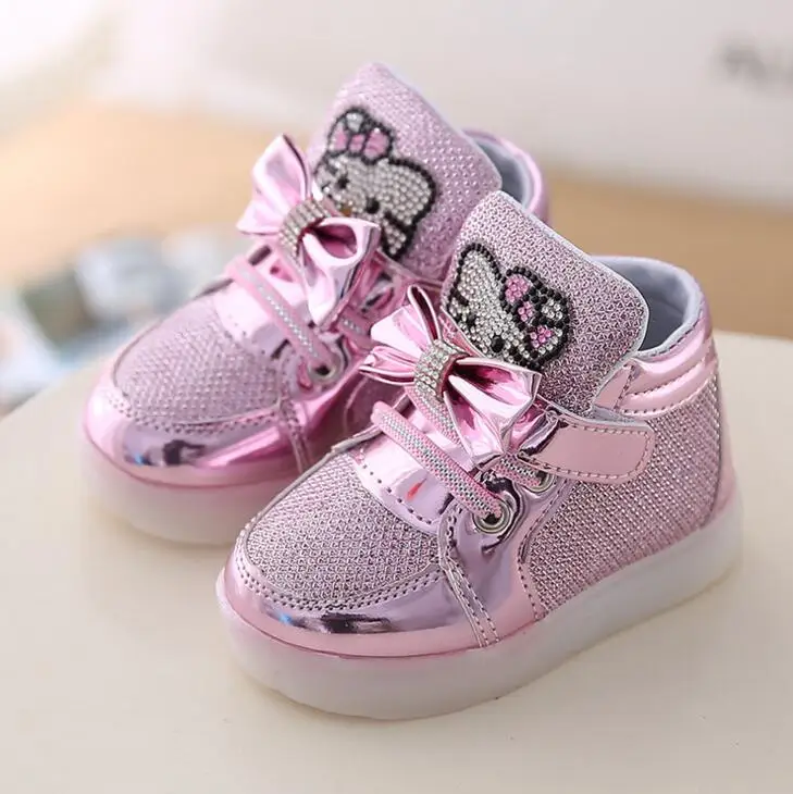 

New Kitty Cat Diamond Princess Girls Sports Shoes Autumn-Winter Cartoon LED Sneakers Korean Children High Top Boots Kids Shoes
