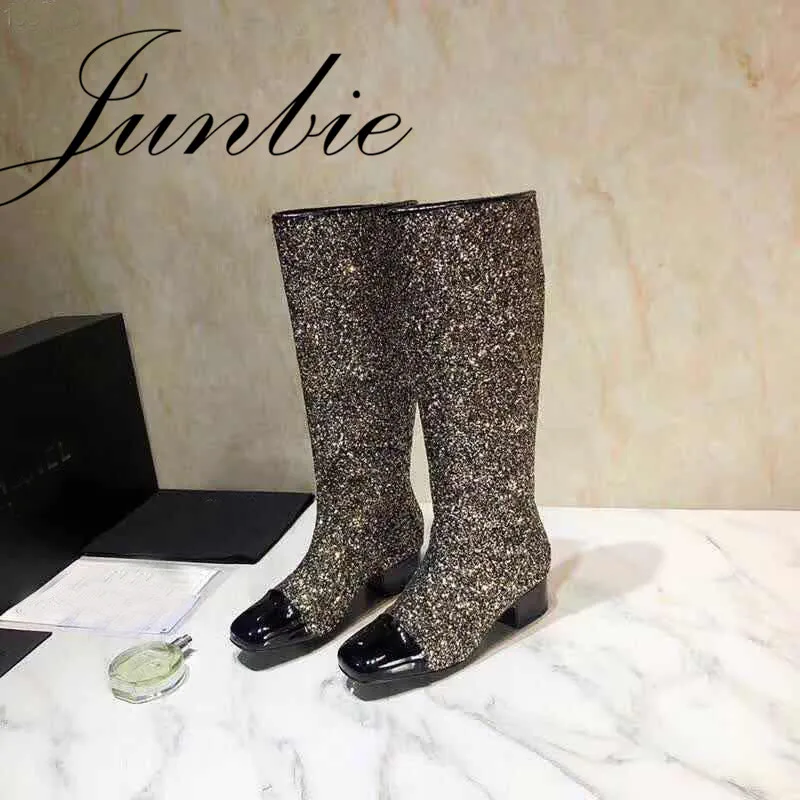 

JUNBIE New Superstar Genuine Leather Glitter Women Autumn Winter Boots Square Toe Women Low Heel Boots Shoes Women