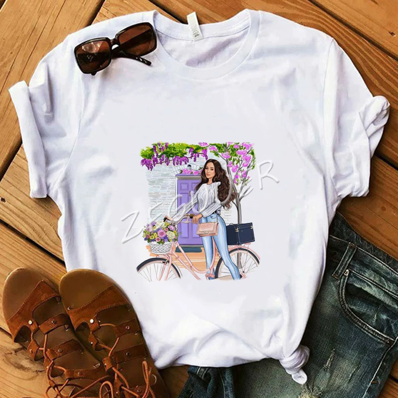

Flower Bicycle Lady Shirt Girl Floral Graphic White T-Shirt Women Cotton Soft O-Neck Tees Summer Casual Travel Tops Gift