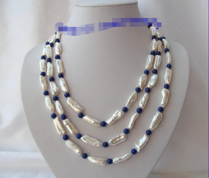 

>>>> stunning 3rows big 25mm white baroque pearls blue lapis lazuli necklace g788