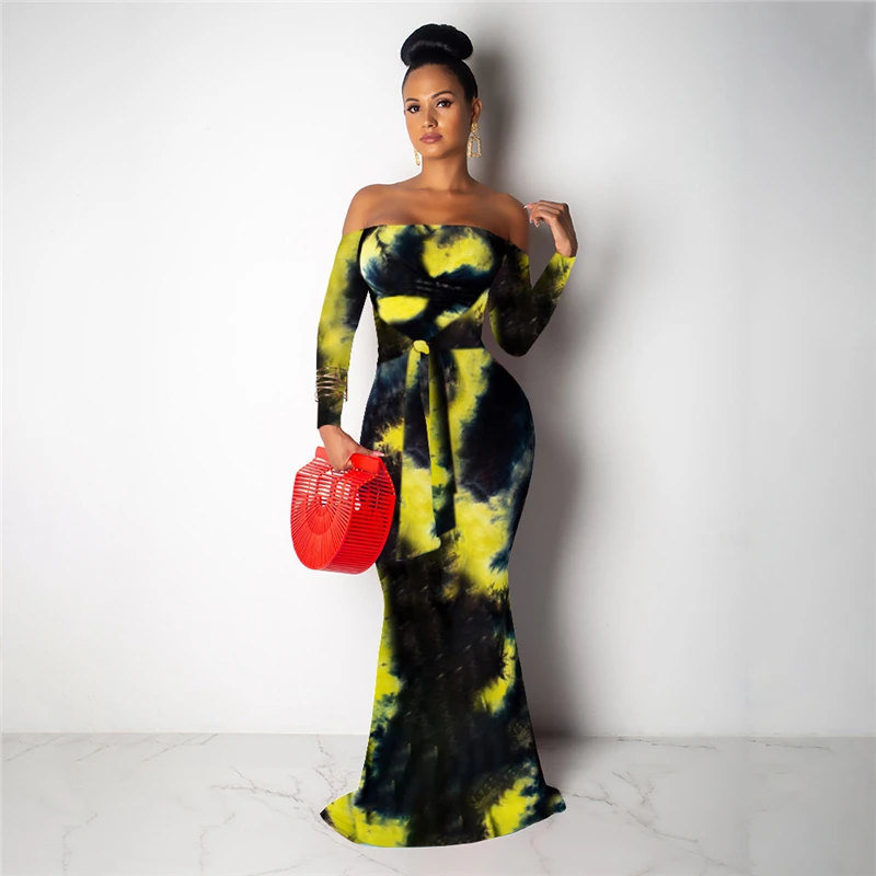 

2019 New Women Dresses Sexy Strapless Long Sleeve Wrapped Tie Dye Dress Elegant Retro Vintage Ladies Slim Dresses Party Vestidos