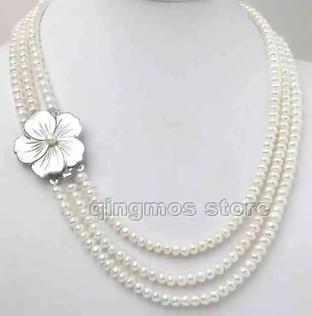 

SALE 6-7mm Natural frwshwater WHITE flat round PEARL 3 strands 17-18-19" NEACKLACE SHELL FLOWER CLASP!-nec1522 Wholesale/retail