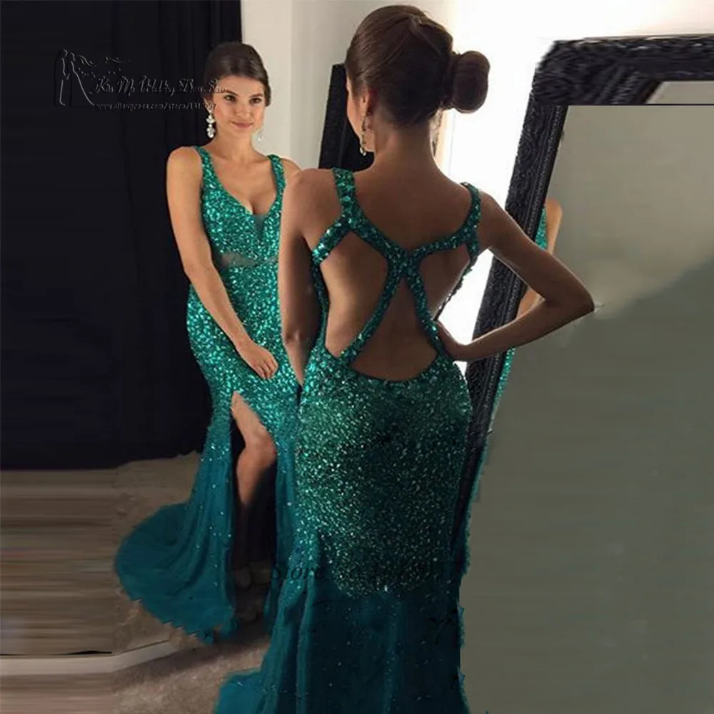 Green Gold Crystals Evening Dresses Long Mermaid Prom Dress 2017 Formal Special Occasion Gowns Criss-Cross Split Robe de Soiree