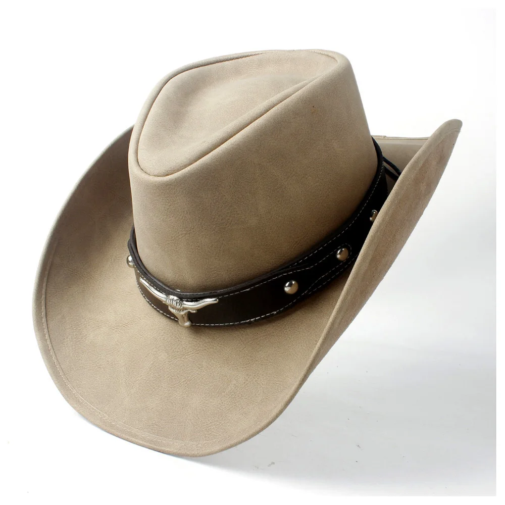 Leather Cowboy Hat Bull Head Leather Band Decor Men Women Large Brim Jazz Cap