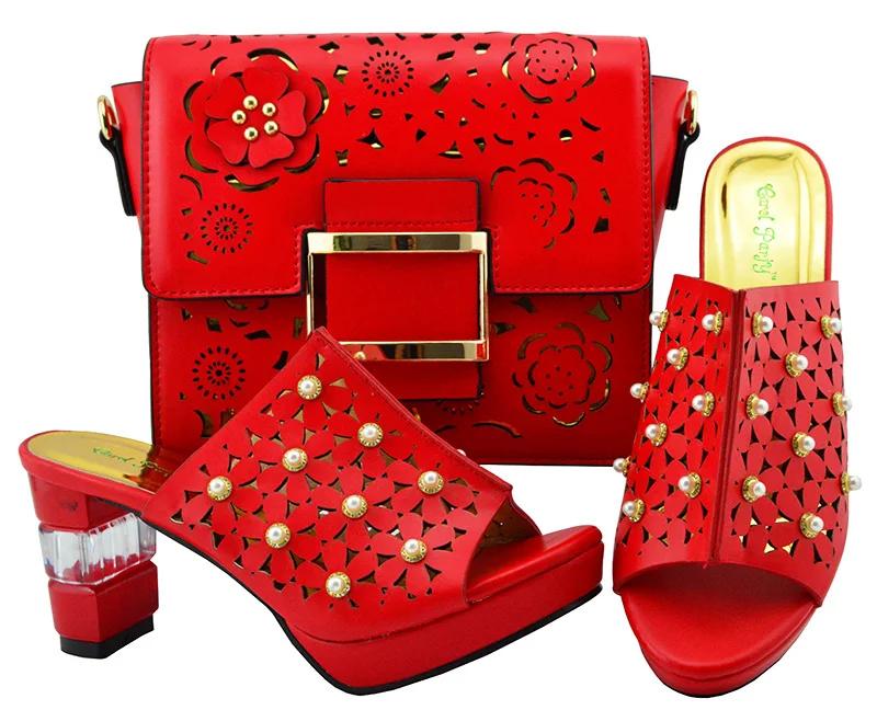 

Hot design red color shoe and bag to match women slippers with beads and clutches free shipping shoe bag set size 38-43 SB8197-6