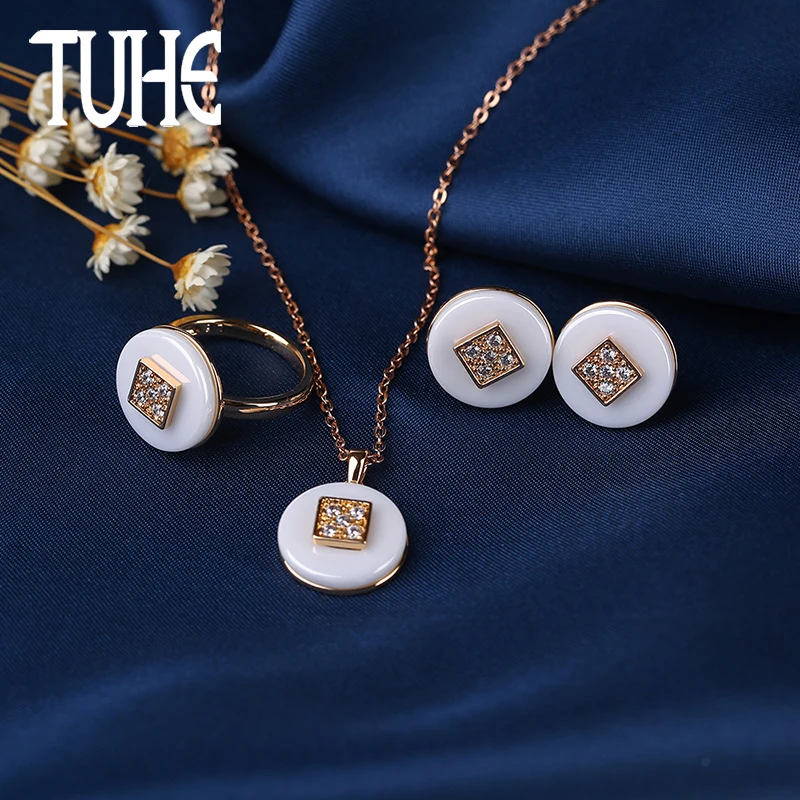 

New Design Jewelry Set Round White Ceramic With Crystal Square Metal Rose Gold Color Earrings Rings Pendant Necklaces For Women
