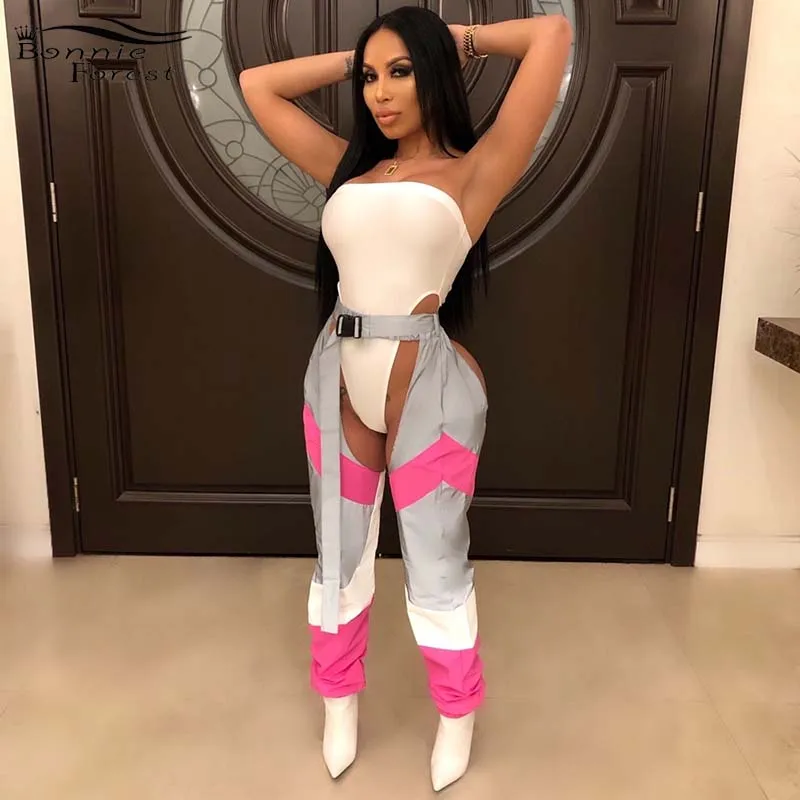 

Bonnie Forest Sexy Buckle Details High Side Cut Out Bodysuit Pant Set Two Pieces Fashion Strapless High Waist Belted Pant Set
