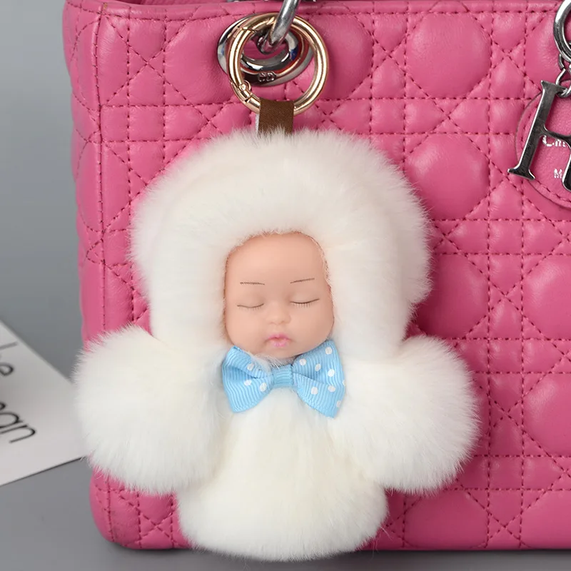 Fasnion 13cm Cute Sleeping Baby Doll Key Chain Real Rex Rabbit Fur