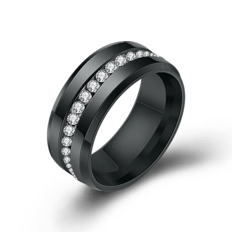 Modyle 2019 New Black and Silver Color Titanium Stainless Steel One Row CZ Stone Wedding Engagement Rings for Woman Men