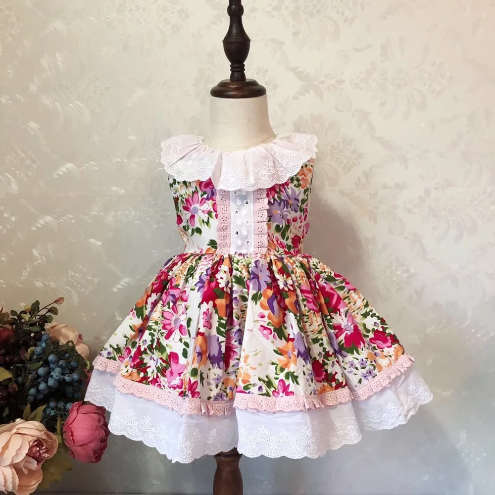 Летние милые платья с цветочным принтом для девочек с кружевным дизайном