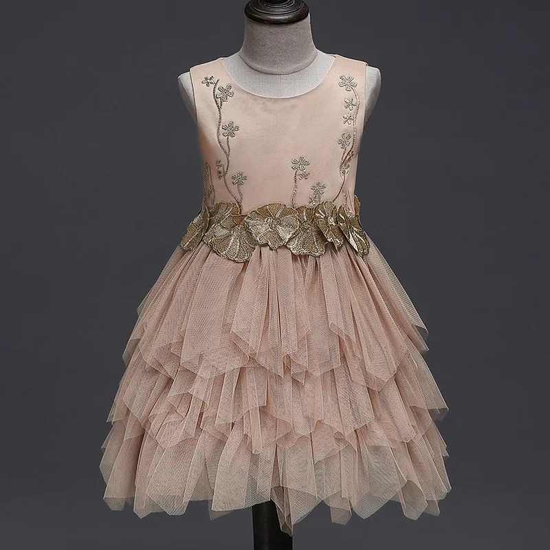 

Retail 3180 Princess Golden Flower Embroidery Costume Tutu Layer Baby Girl Dresse Party Kids Dresses For Girls baby girl clothes