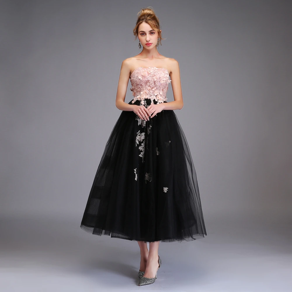 SSYFashion/Новое милое розовое с черным вечернее платье без бретелек, без рукавов, с кружевной аппликацией, длиной до середины икры, вечерние платья