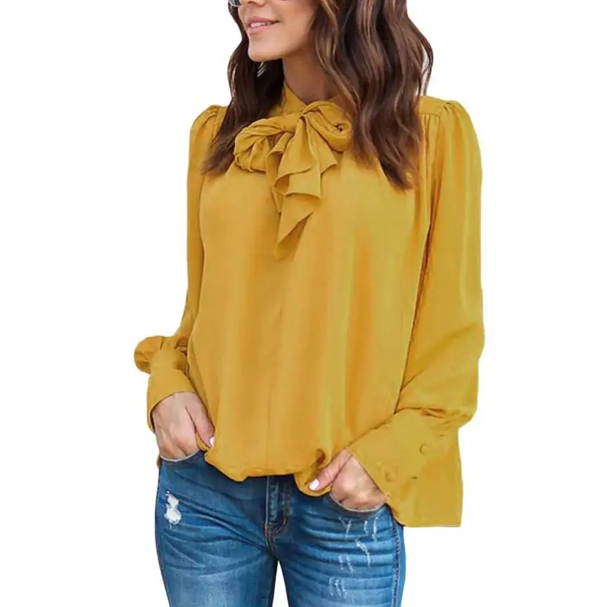 

CHAMSGEND Women Casual Chiffon Yellow Shirts Long Sleeve Solid Bow Tops Blouse Drop Shipping 1M20*