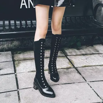 

ZawsThia women riding equestrian boots with rivets chunky low heel snow boots winter casual woman shoes plus size mid calf boots