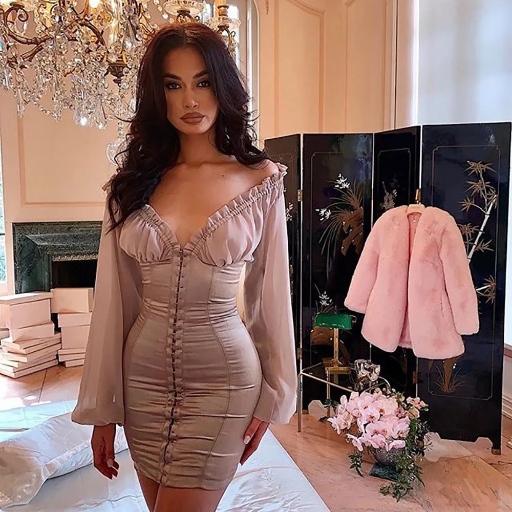 

2019 Sexy Women Satin Lantern Sleeve Dress V Neck Bodycon Party Mini Dress Patchwork Ruffle Elegant Summer Dress
