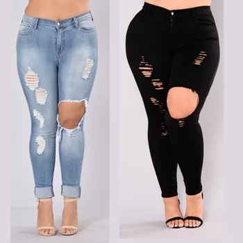 

Women Denim Jeans Ripped Hole Skinny Pencil Pants Plus Size Jean Trousers