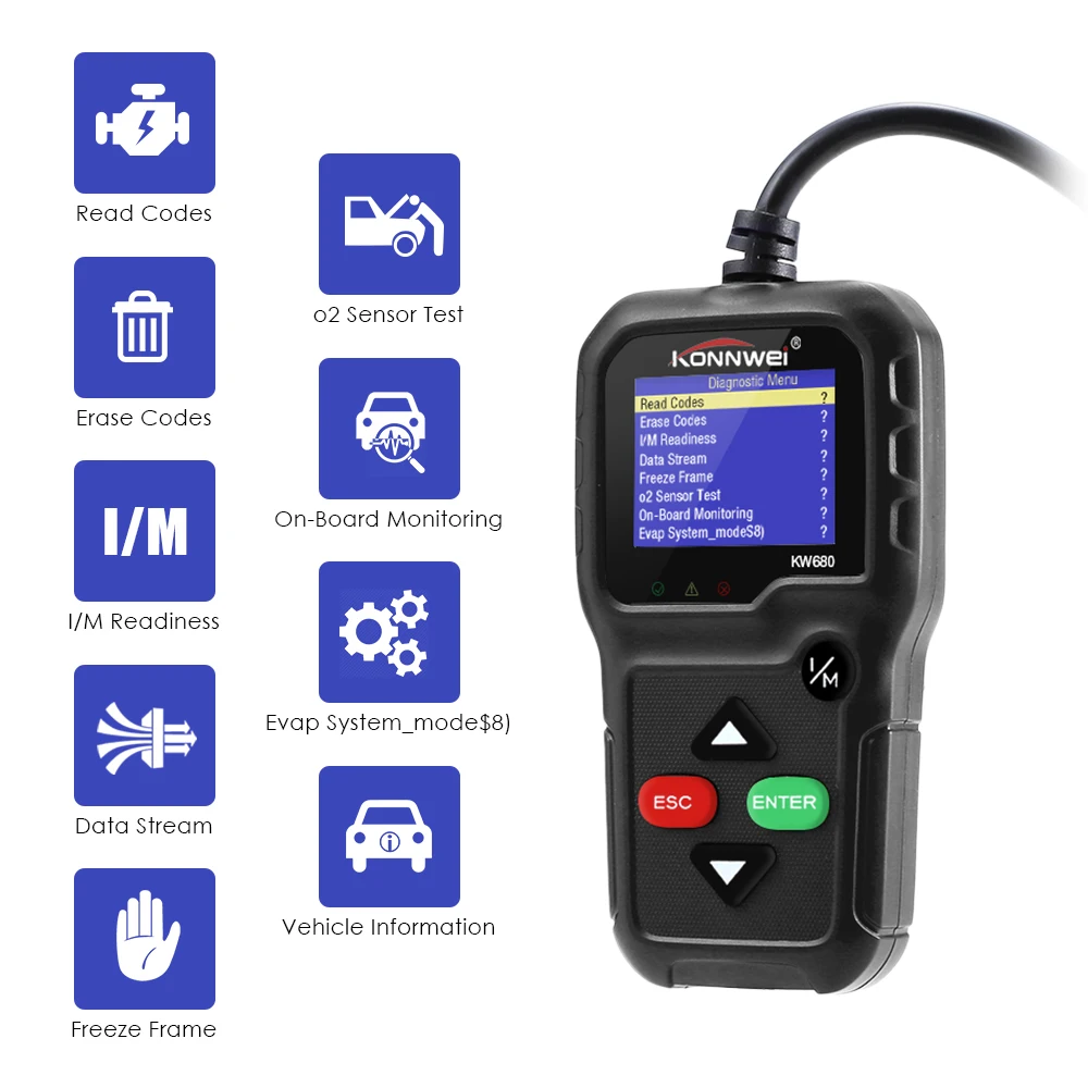 Konnwei KW680 может OBD2/EOBD(система бортовой диагностики универсальных автомобильных сканеров