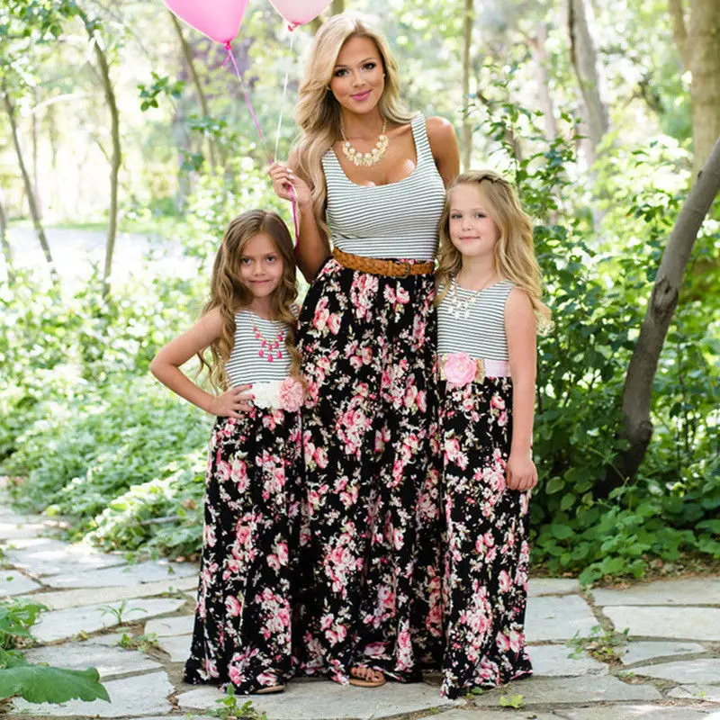 Family Stripe Matching Outfits Women Girls Boho Maxi Long Floral ...