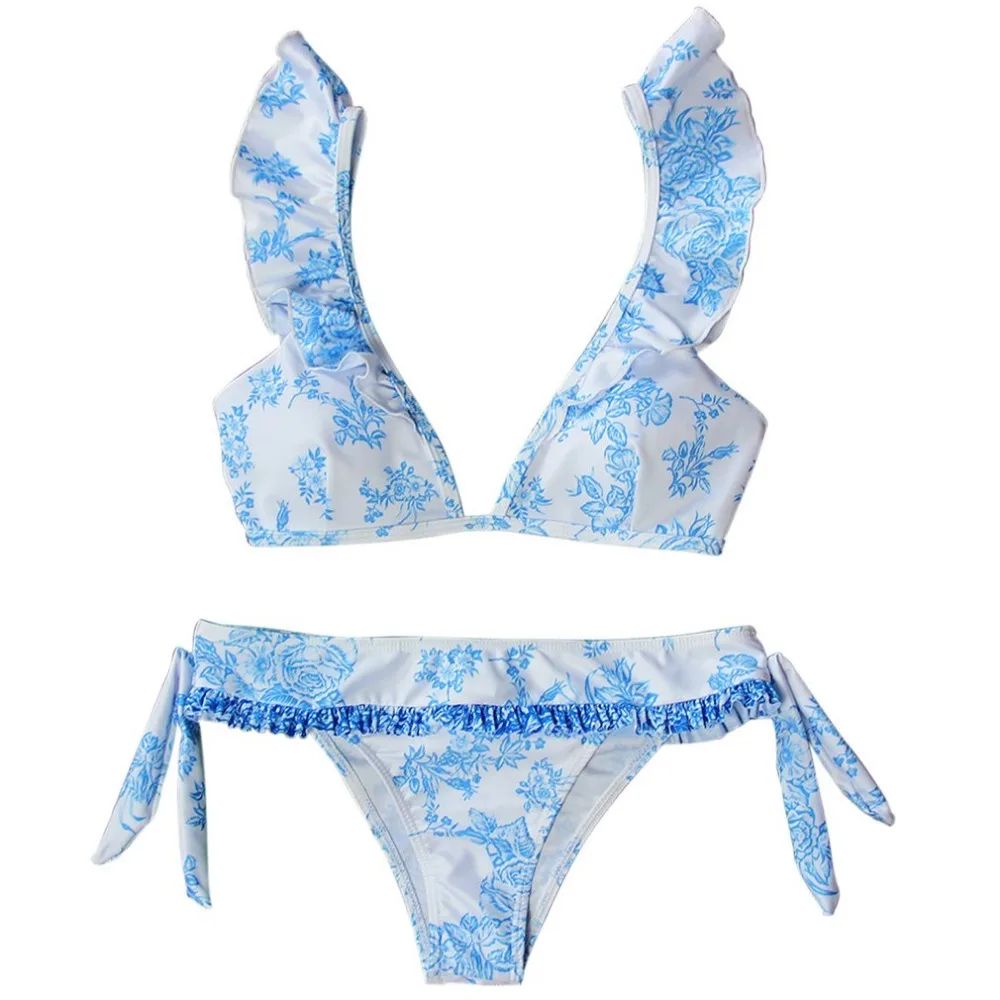 

Light Blue Floral Printed Lacing Falbala Sexy Bikini Set Lady Female High Elasticity Swimsuit Swimwear Beachwear