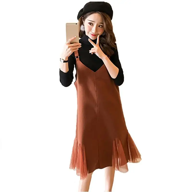 

2019 Maternity Nursing Set Pregnant Women Knit Long Sleeve Top+ Suspender Mesh Patchwork Dress 2Pcs Suits Pregnancy Clothes Q339