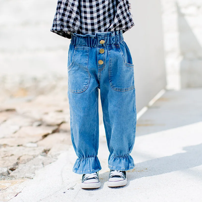 Girls Jeans New Fashion Button Decoration Teens Girl Flounce High Waist