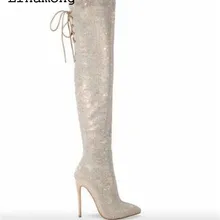 Новейшая модная пикантная женская обувь с перекрестной шнуровкой на тонком высоком каблуке, высокие сапоги из кожи, отражающие чистый белый цвет, Сапоги хорошего качества