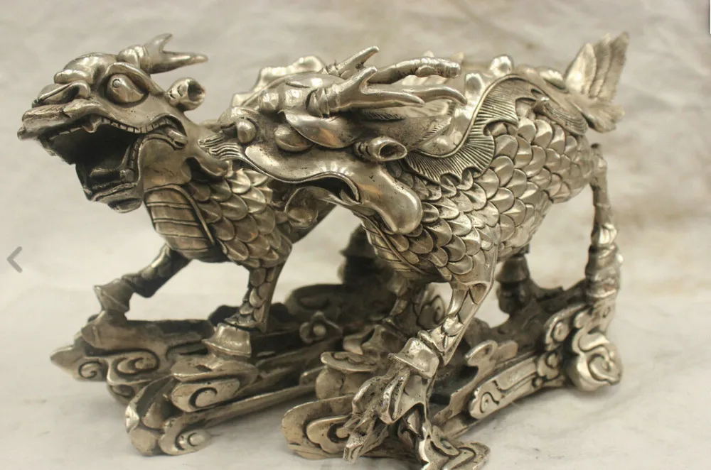 

Chinese Folk Culture Fengshui HandMade Old Silver Bronze Statue Kirin Beast