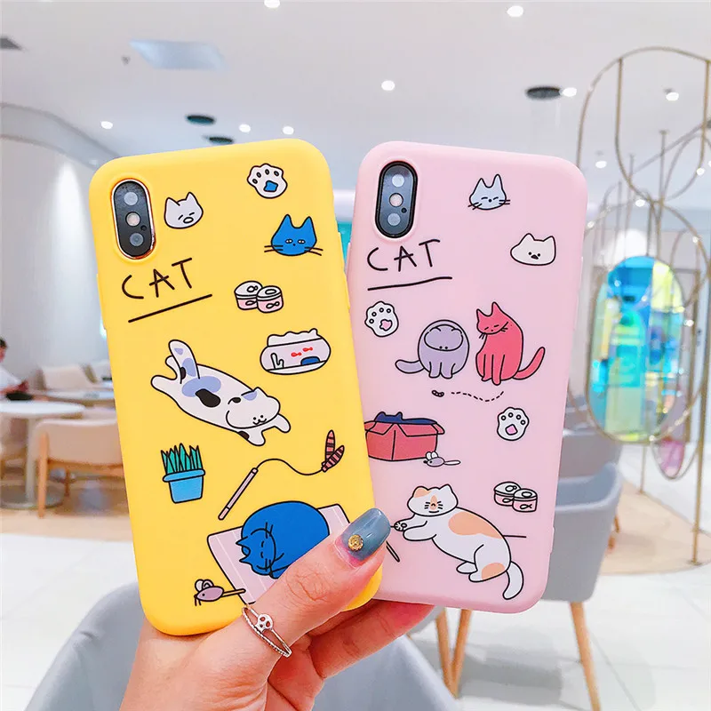 

Cute Cartoon Lazy Cats Phone Case For iphone 7 6 6S 8 Plus Case For iphone X XS MAX XR Funny Animal Yellow Pink Back Cover Capa