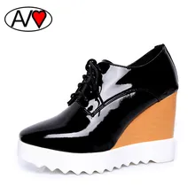 Platform Shoes Breathable Lace up Wedge Heel Shoe 2016 Women Pumps with Heels Patent Leather Shoes Woman High Heel