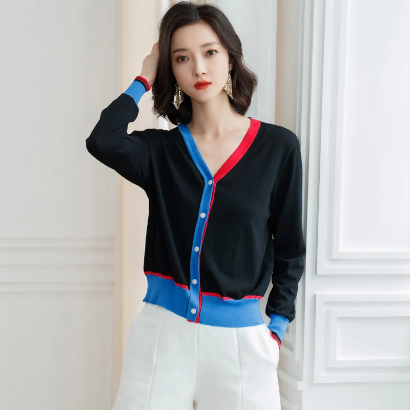 

XL Brand Knit Cardigans 2019 Spring Fall Women Cardigans New Hit Color Striped V-neck Cardigans Fashion Casual Thin Cardigans