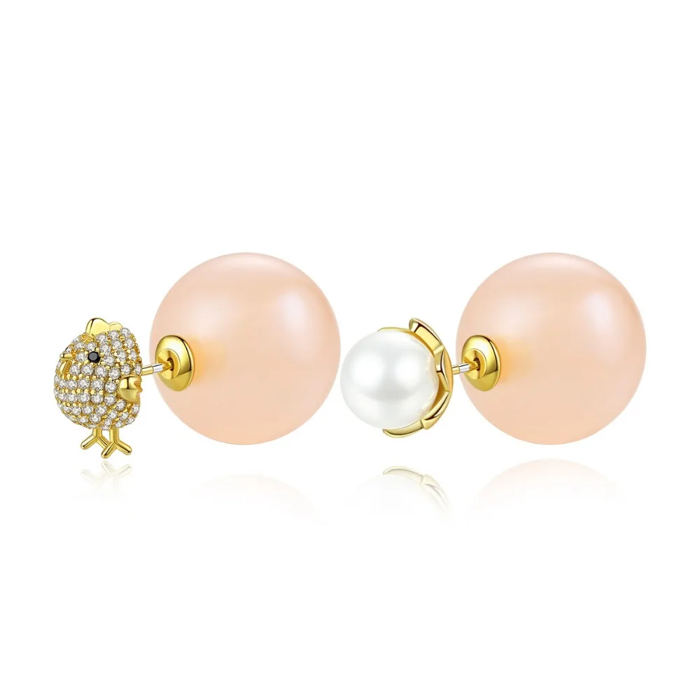 

Double Side Cute Pink White Pearls Gold Cubiz Zirconia Chick Egg Assymmetric Stud Earrings for Women Korean Fashion Jewelry Gift