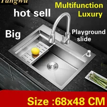 Квартира кухня ручная Раковина один корыто Раздвижная доска Роскошные 304 нержавеющая сталь большая горячая Распродажа 680x480 мм
