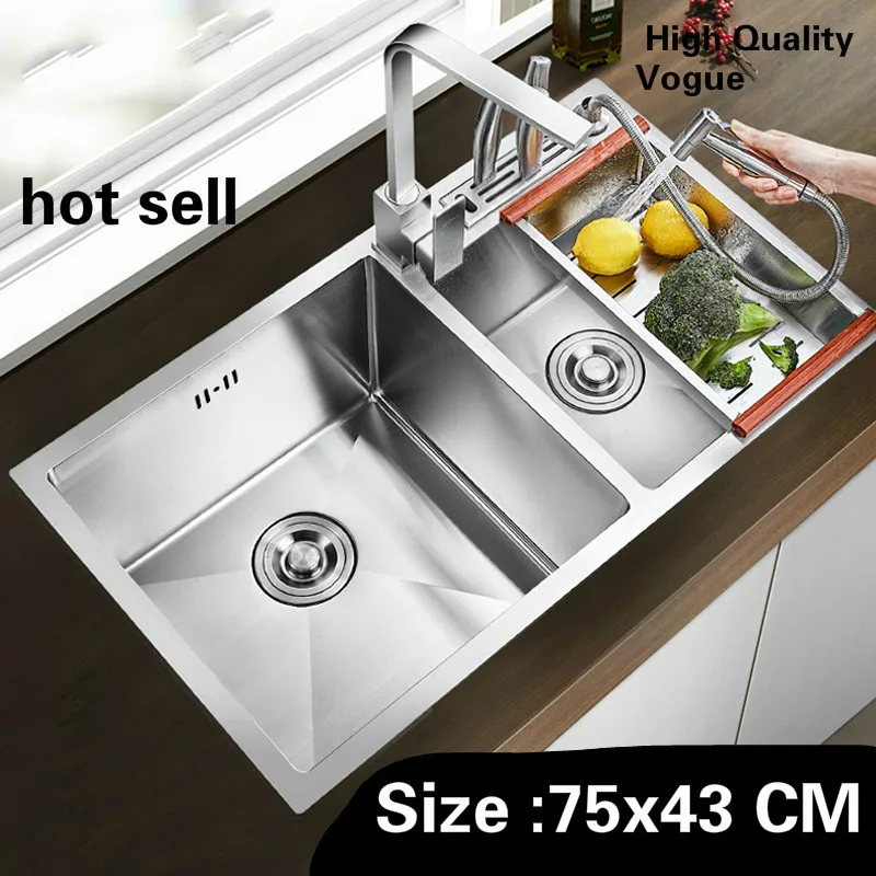 

Free shipping Home durable 304 stainless steel wash vegetables kitchen manual sink double groove multifunction 750x430 MM