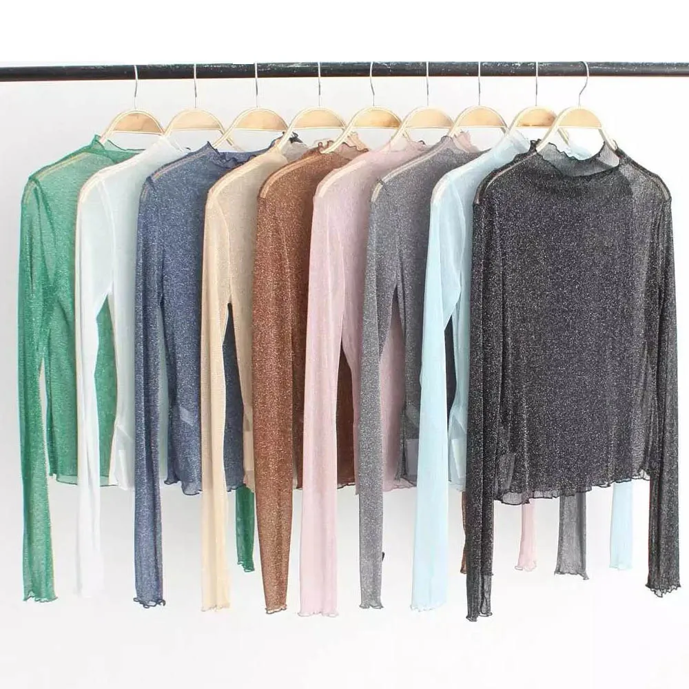

Sexy Bright Mesh Perspective Sunscreen Stand Collar Pullover Thin T-Shirt Slim Women Long Sleeve Tee Tops 12 Colors SY17-03-48