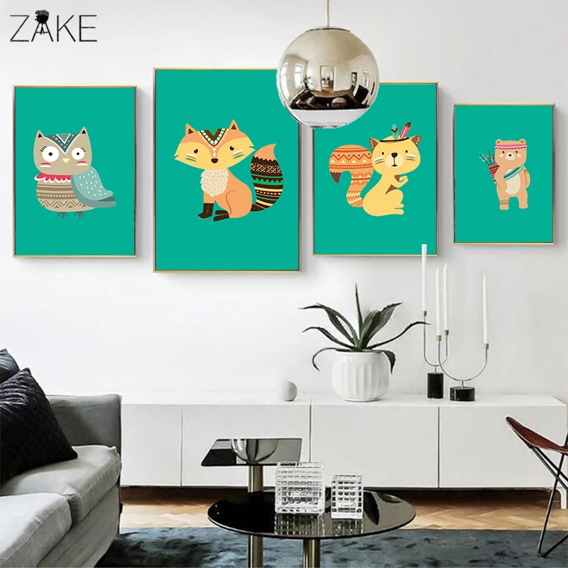 

Cartoon Indian Bear Fox Owl Wall Art Canvas Painting Nordic Posters And Prints Children Wall Pictures Kids Room Decoration